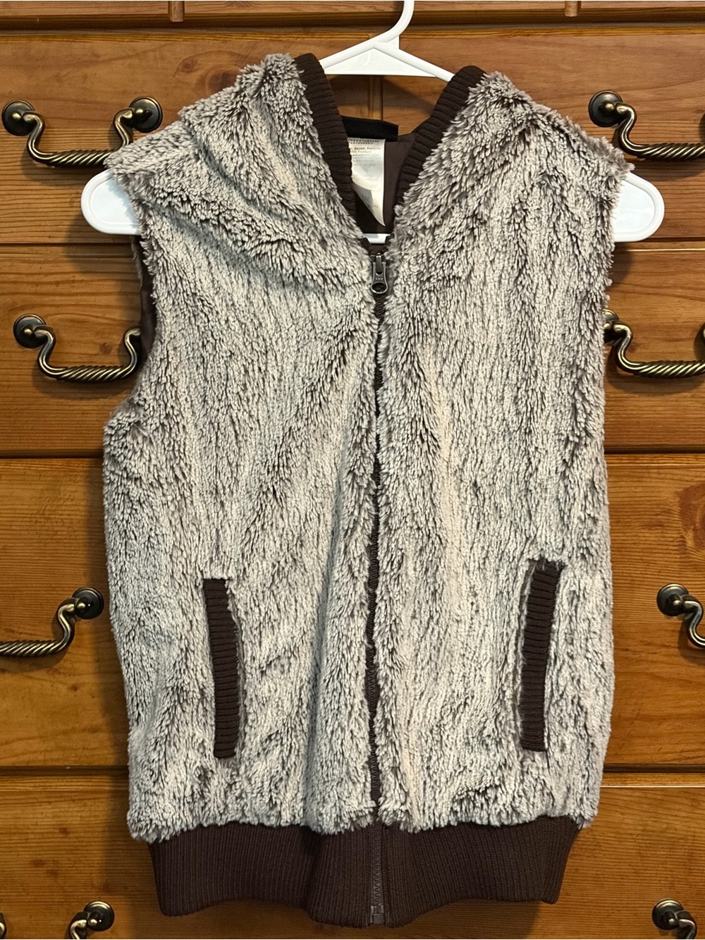 Patagonia Plush Hooded Faux-Sherpa Vest in Light Gray with Dark Trim